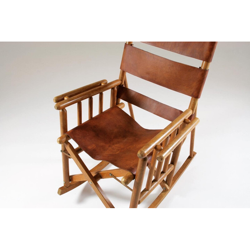 Vintage American wood and leather rocking chair, 1960s