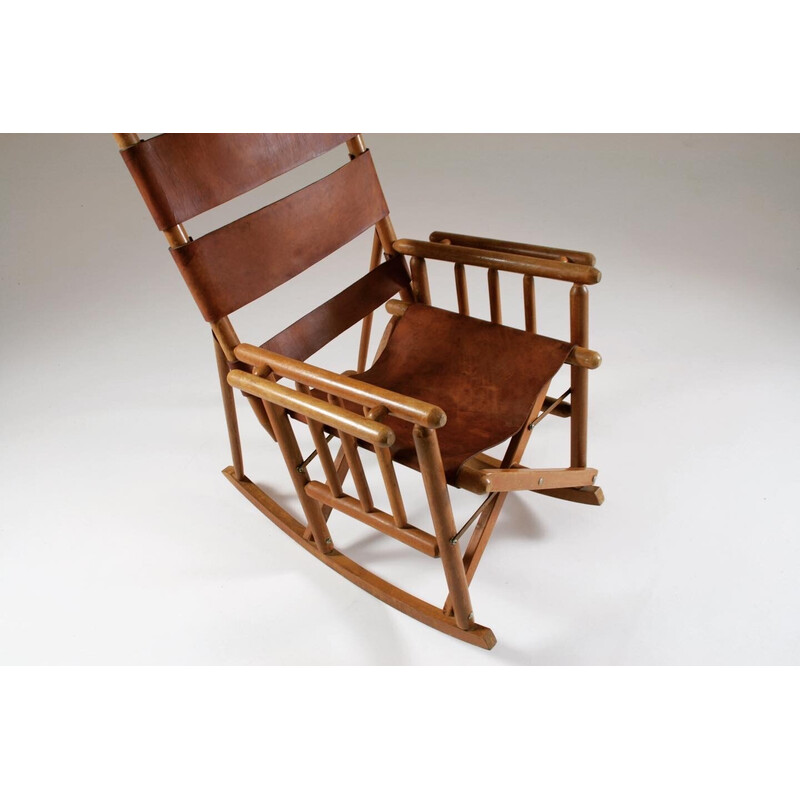 Fauteuil à bascule américain vintage en bois et cuir, 1960