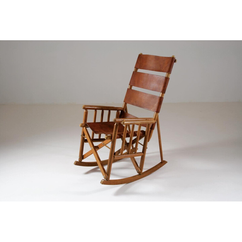 Fauteuil à bascule américain vintage en bois et cuir, 1960