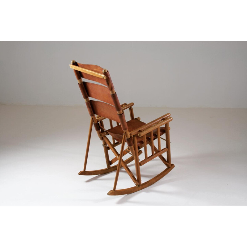Cadeira de balanço de madeira e couro americana Vintage, 1960