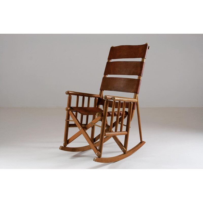 Cadeira de balanço de madeira e couro americana Vintage, 1960