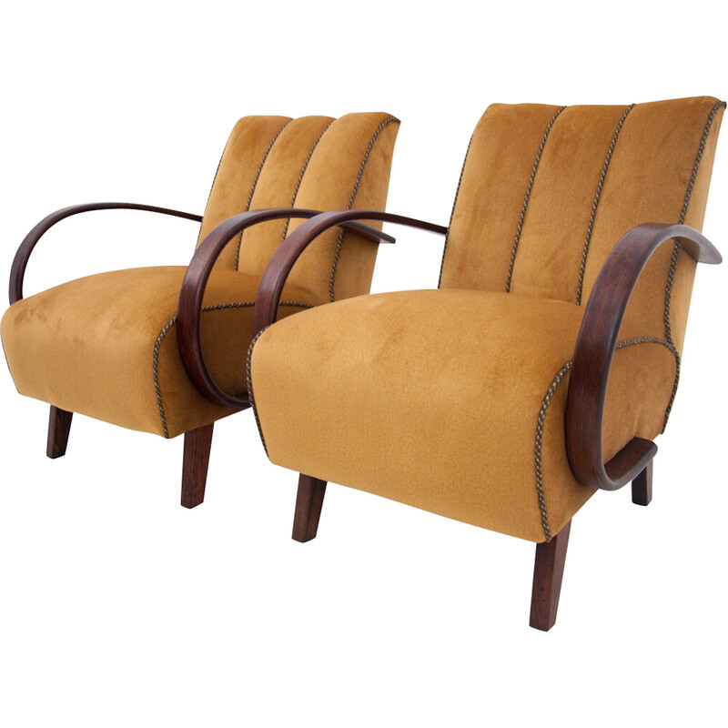 Paar vintage Art Deco eiken fauteuils van J. Halabala, Tsjechië jaren 1930