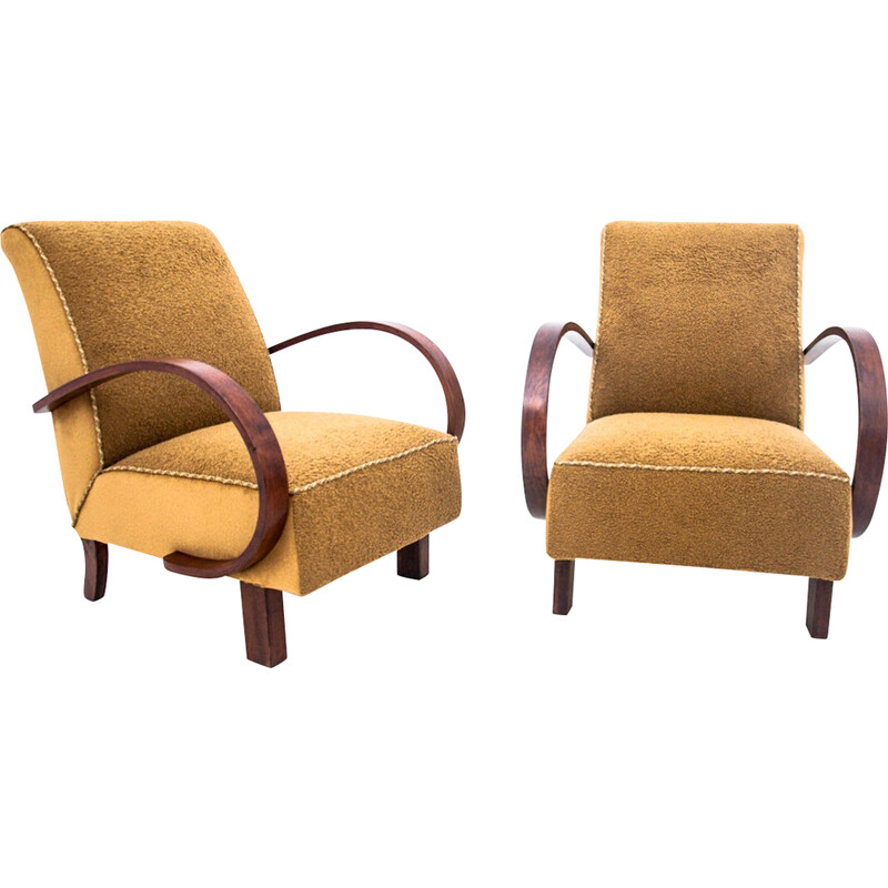 Pair of vintage armchairs in yellow fabric by J. Halabala, Czechoslovakia 1930s