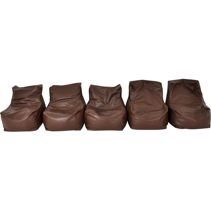 Set of 5 vintage brown leather poufs, Italy 1960s