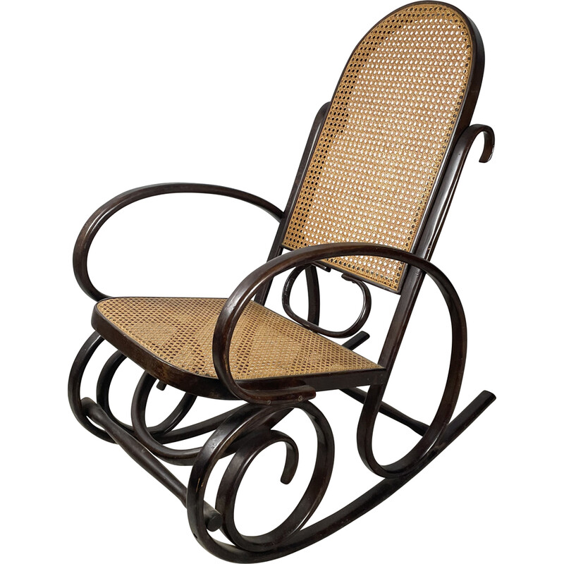 Cadeira de balanço Vintage bentwood e cana-de-açúcar de Thonet, 1900