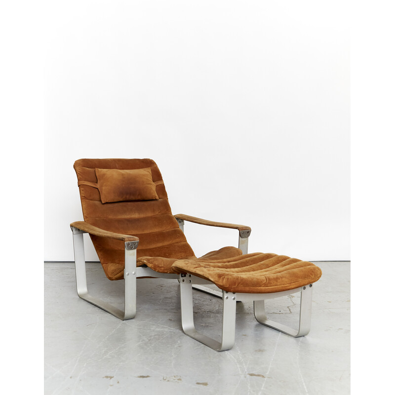 Vintage lounge chair with Pulkka ottoman in aluminum by Ilmari Lappalainen for Asko, Finland 1968s