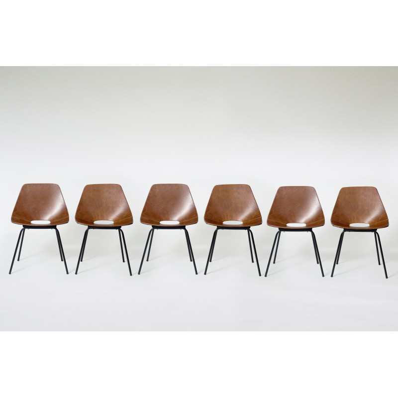 6 chaises vintage Tonneau en cuir brun et métal par Pierre Guariche pour Maison du Monde