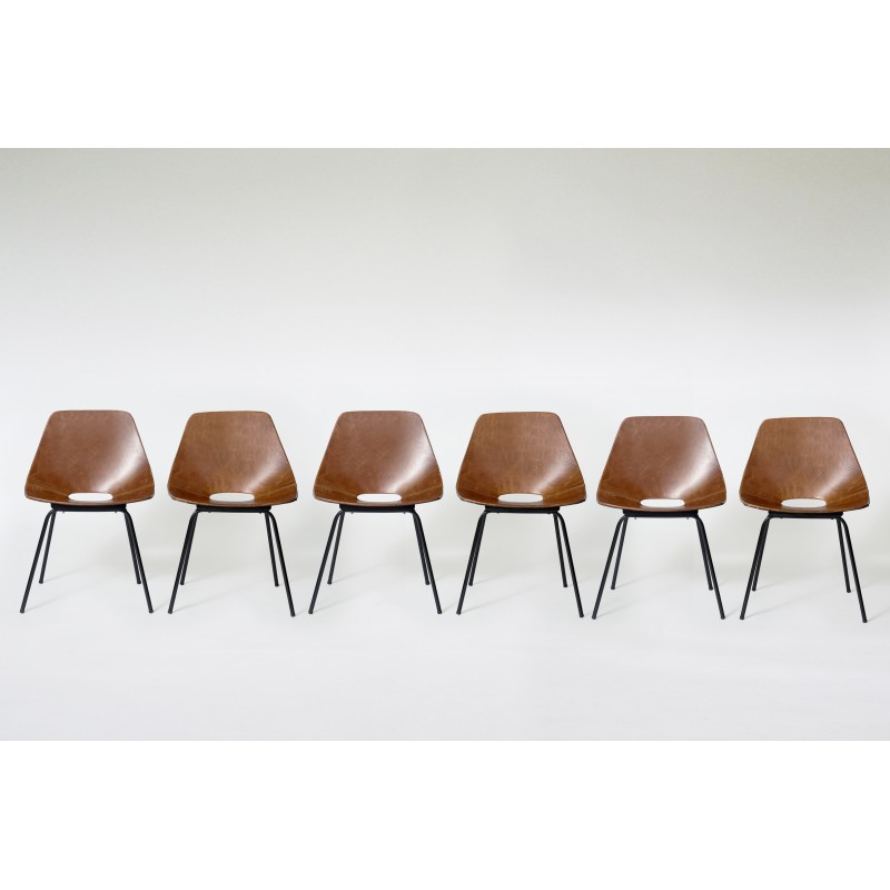 6 vintage Tonneau chairs in brown leather and metal by Pierre Guariche for Maison du Monde