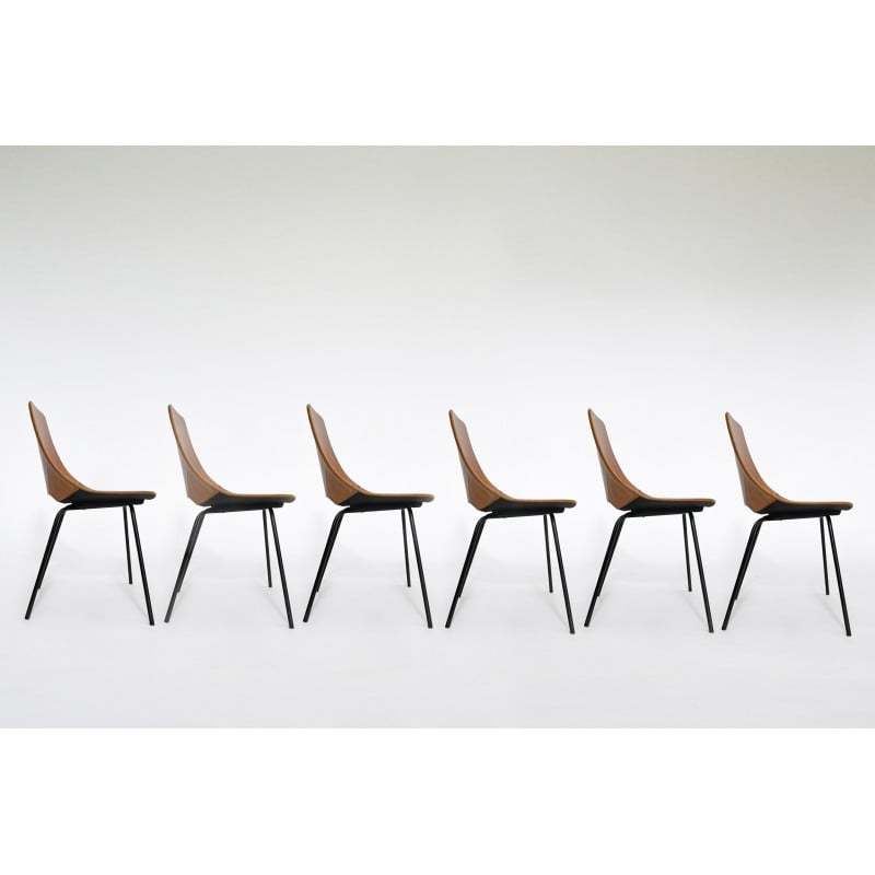 6 chaises vintage Tonneau en cuir brun et métal par Pierre Guariche pour Maison du Monde