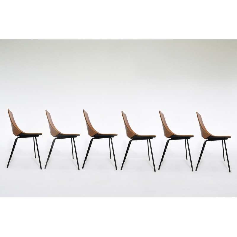 6 vintage Tonneau chairs in brown leather and metal by Pierre Guariche for Maison du Monde