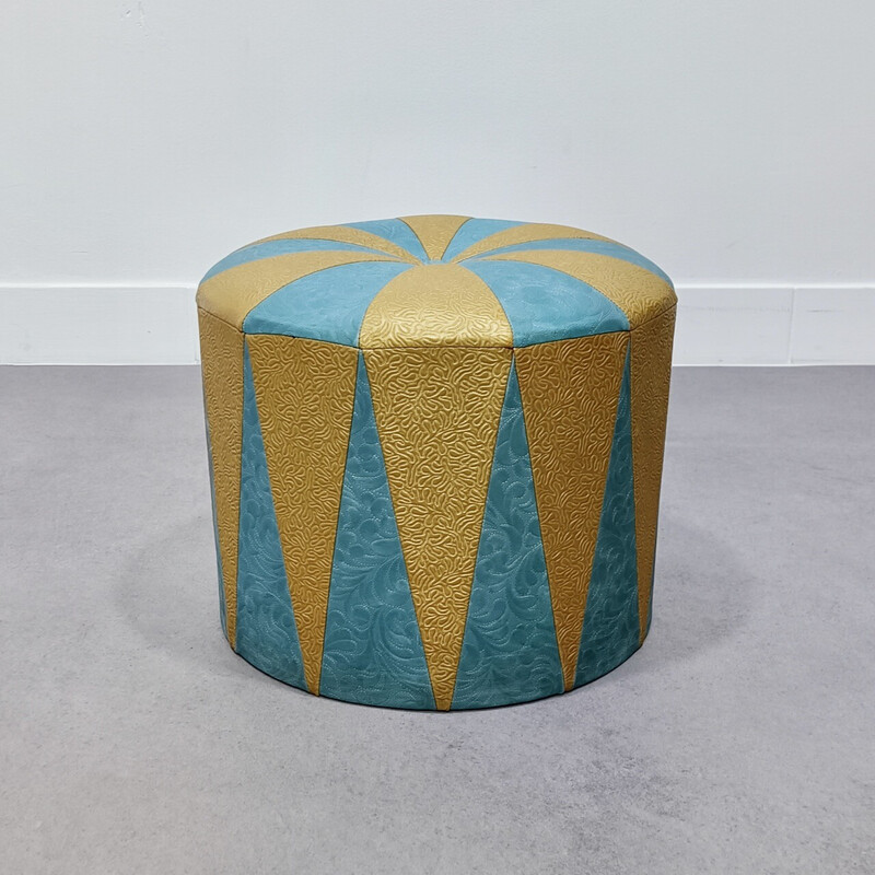 Pouf vintage en faux cuir gaufré bleu et beige, 1970