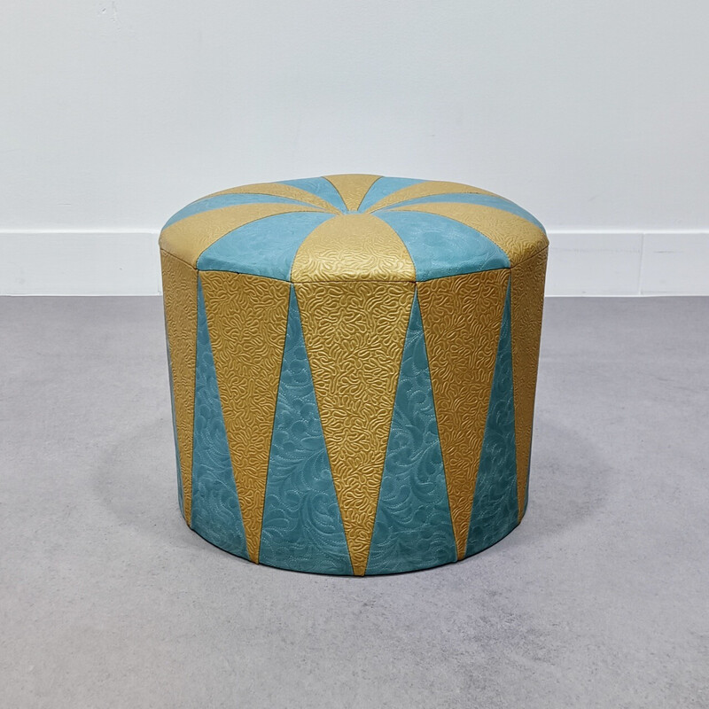 Vintage ottoman blue and beige embossed faux leather, 1970s