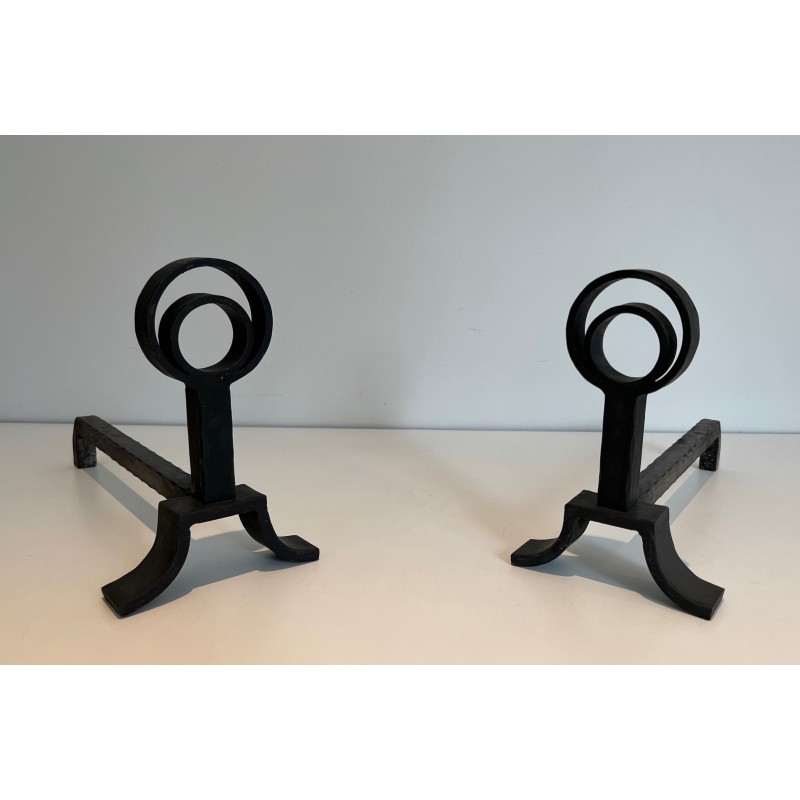 Pair of vintage cast iron and wrought iron andirons, 1940