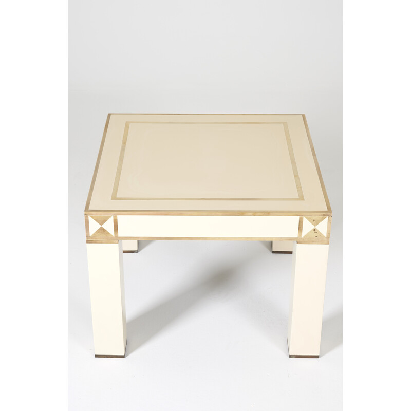 Vintage square coffee table in lacquer and brass by Jean Claude Mahey, 1970s