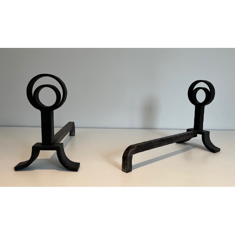 Pair of vintage cast iron and wrought iron andirons, 1940