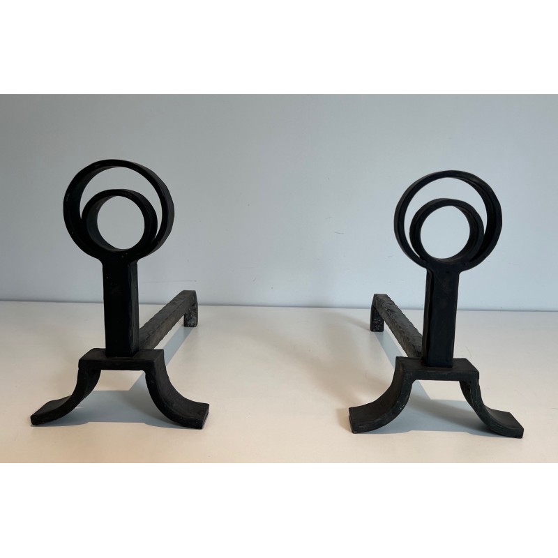 Pair of vintage cast iron and wrought iron andirons, 1940