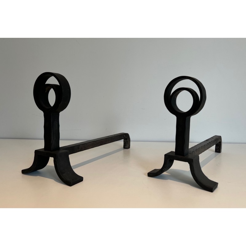 Pair of vintage cast iron and wrought iron andirons, 1940