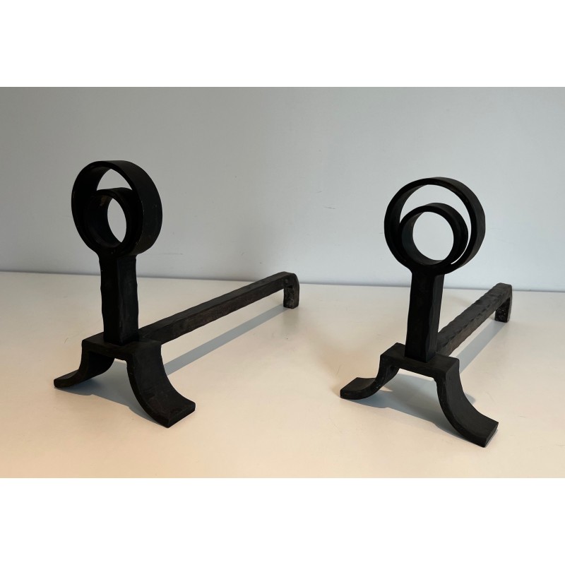 Pair of vintage cast iron and wrought iron andirons, 1940