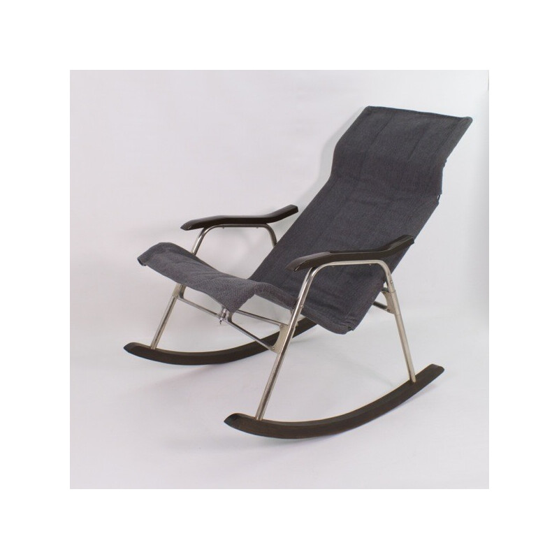 Vintage rocking chair in aluminium, wood, leatherette and gray fabric by Takeshi Nii,  Japan 1950s