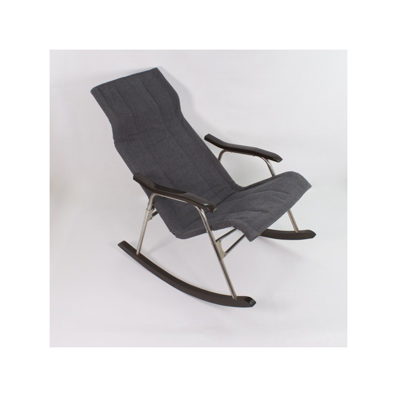 Vintage rocking chair in aluminium, wood, leatherette and gray fabric by Takeshi Nii,  Japan 1950s
