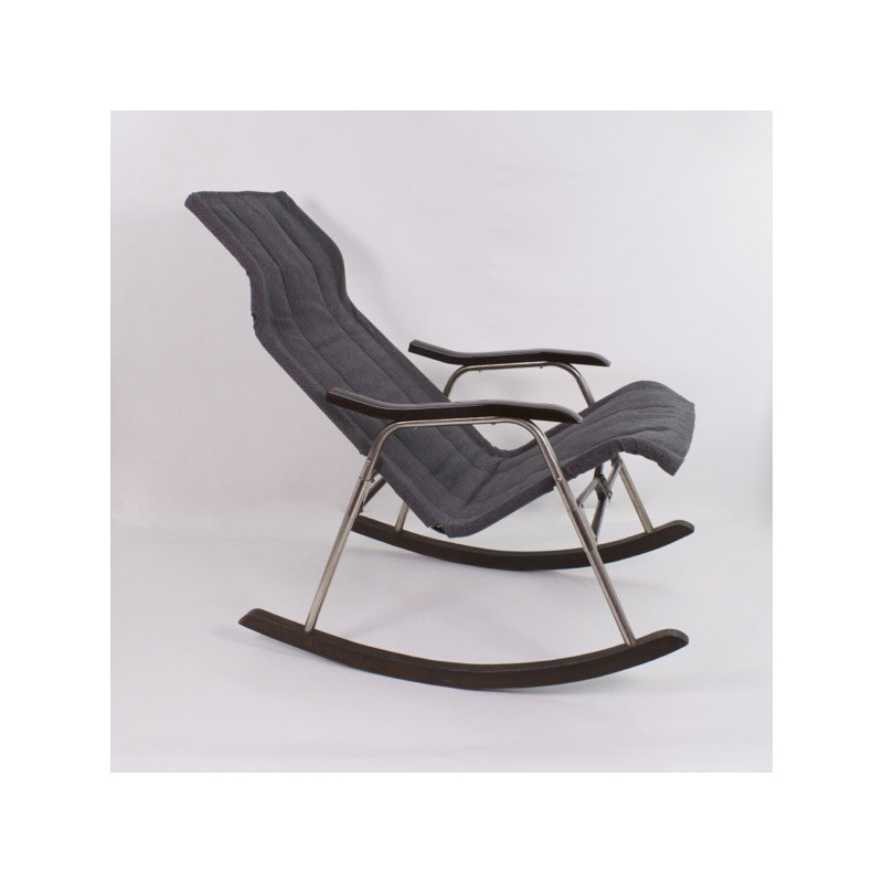 Vintage rocking chair in aluminium, wood, leatherette and gray fabric by Takeshi Nii,  Japan 1950s