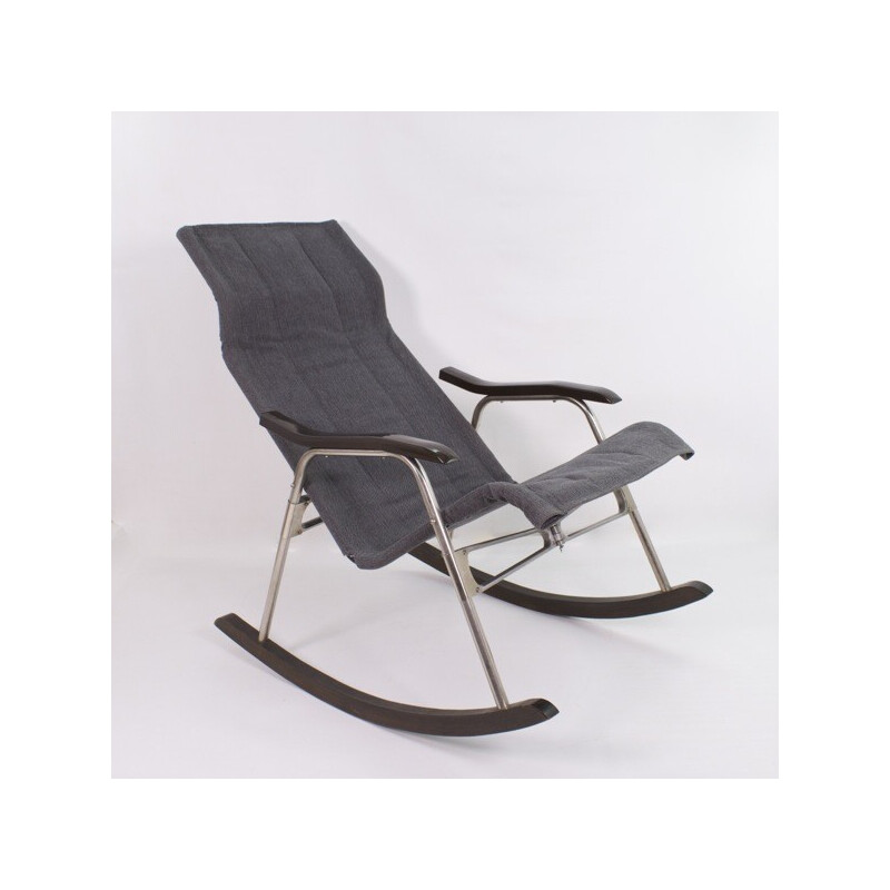 Vintage rocking chair in aluminium, wood, leatherette and gray fabric by Takeshi Nii,  Japan 1950s