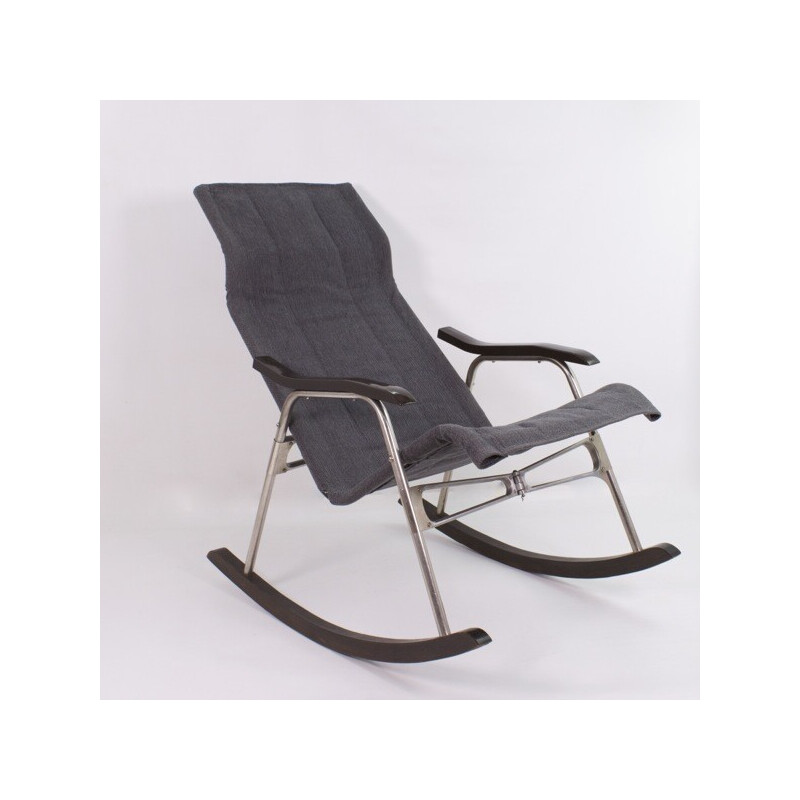 Chaise à bascule vintage en aluminium, bois, skaï et tissu gris par Takeshi Nii,  Japon 1950