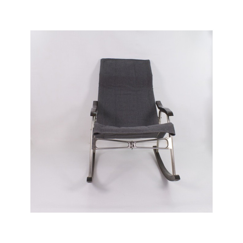 Vintage rocking chair in aluminium, wood, leatherette and gray fabric by Takeshi Nii,  Japan 1950s