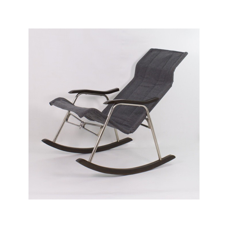 Vintage rocking chair in aluminium, wood, leatherette and gray fabric by Takeshi Nii,  Japan 1950s