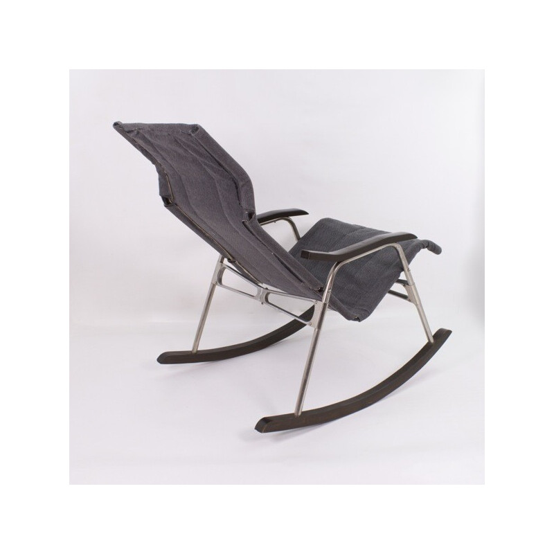 Chaise à bascule vintage en aluminium, bois, skaï et tissu gris par Takeshi Nii,  Japon 1950