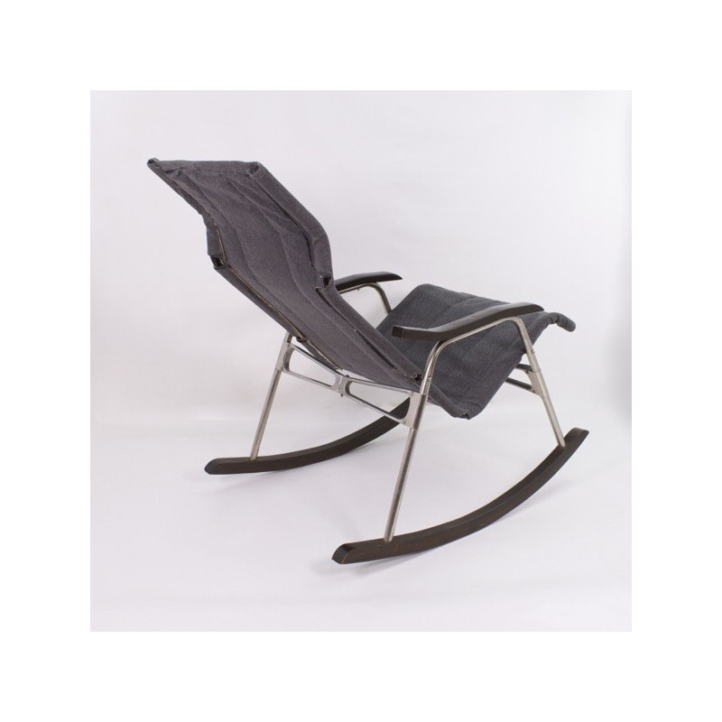 Vintage rocking chair in aluminium, wood, leatherette and gray fabric by Takeshi Nii,  Japan 1950s