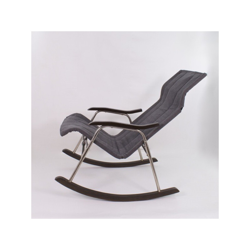 Vintage rocking chair in aluminium, wood, leatherette and gray fabric by Takeshi Nii,  Japan 1950s