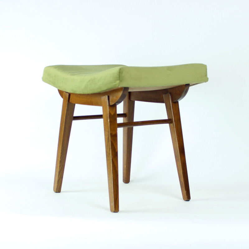 Mid century stool in oakwood and velvel by Ton, Czechoslovakia 1960s