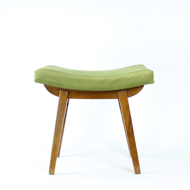 Tabouret vintage bois de chêne et velours par Ton, Tchécoslovaquie 1960