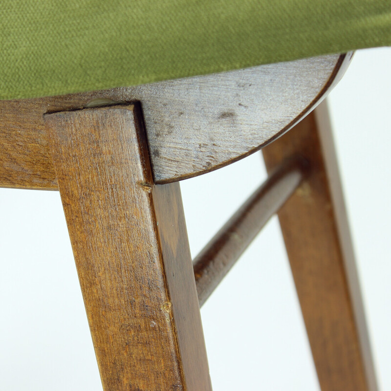 Tabouret vintage bois de chêne et velours par Ton, Tchécoslovaquie 1960