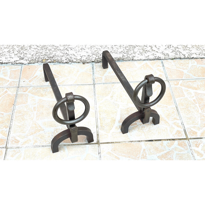 Pair of vintage Brutalist andirons in steel