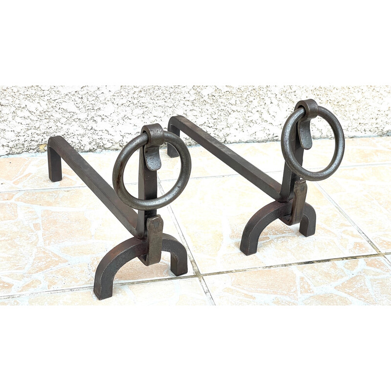 Pair of vintage Brutalist andirons in steel