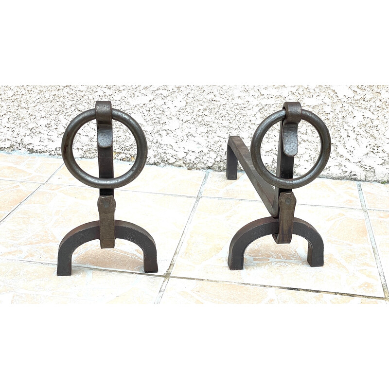 Pair of vintage Brutalist andirons in steel