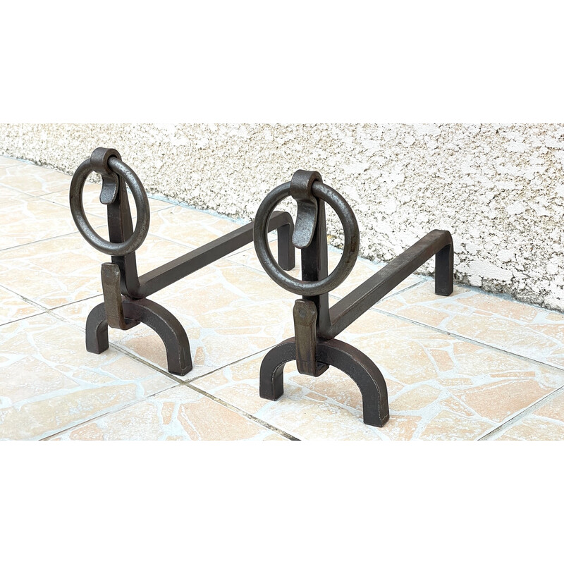 Pair of vintage Brutalist andirons in steel