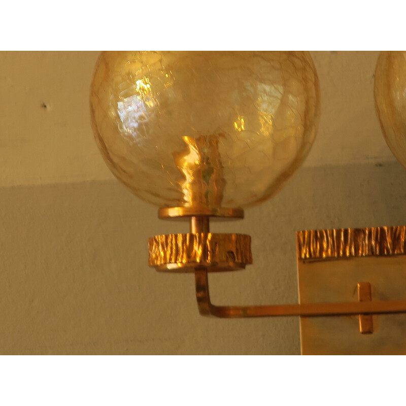 Vintage brass and glass double wall lamp with gold overlay by Angelo Brotto for Isperia, 1970s