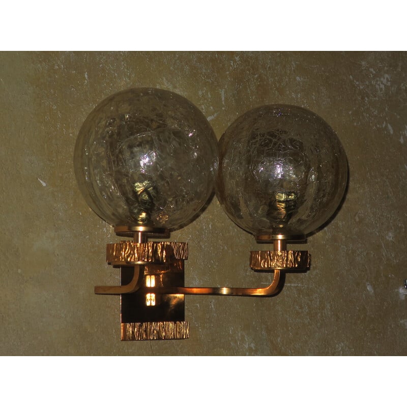 Vintage brass and glass double wall lamp with gold overlay by Angelo Brotto for Isperia, 1970s