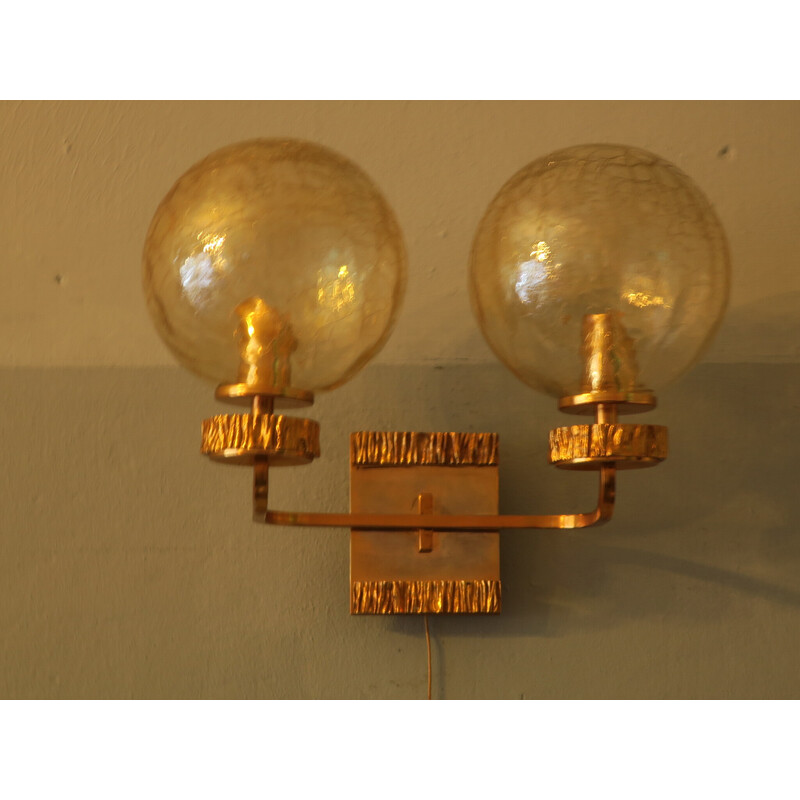 Vintage messing en glazen dubbele wandlamp met goud bekleed door Angelo Brotto voor Isperia, 1970