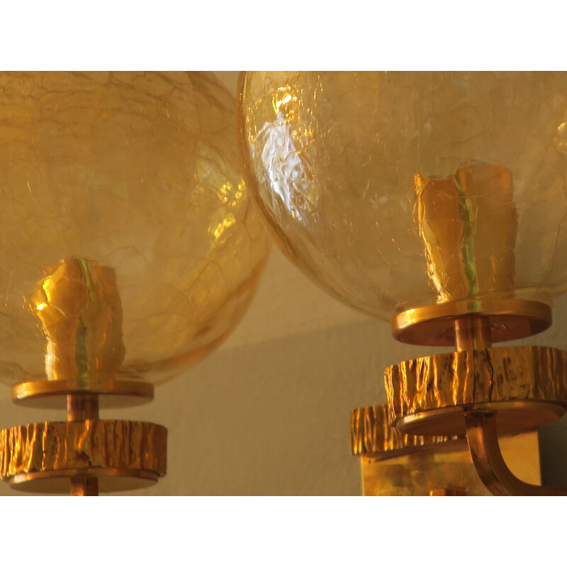 Vintage brass and glass double wall lamp with gold overlay by Angelo Brotto for Isperia, 1970s