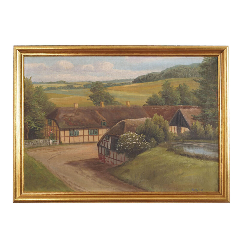 Peinture scandinave vintage "Le village allemand" par B. Möller