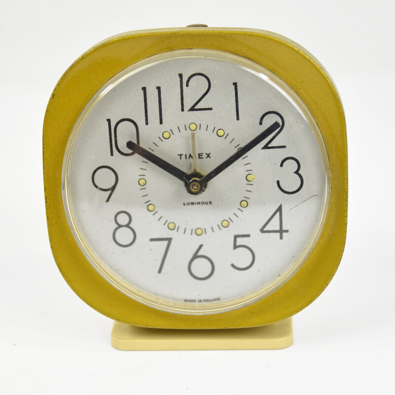 Reloj despertador mecánico vintage en metal y esmalte para Timex, Polonia años 70