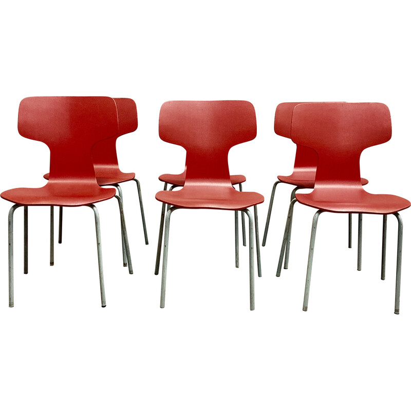 Set of 6 vintage wood and metal chairs by Arne Jacobsen for Fritz Hansen, 1960s