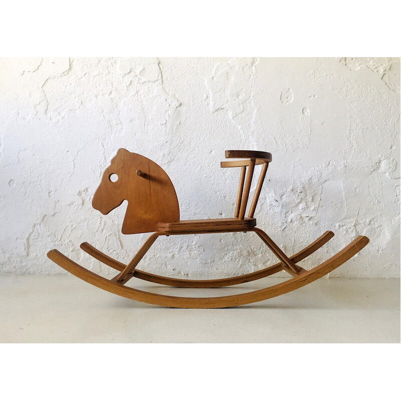 Cavallo a dondolo vintage in legno curvato, 1960