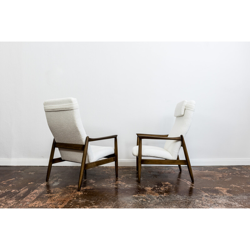 Pair of vintage white boucle Gfm 64 high back armchairs by Edmund Homa, 1960s