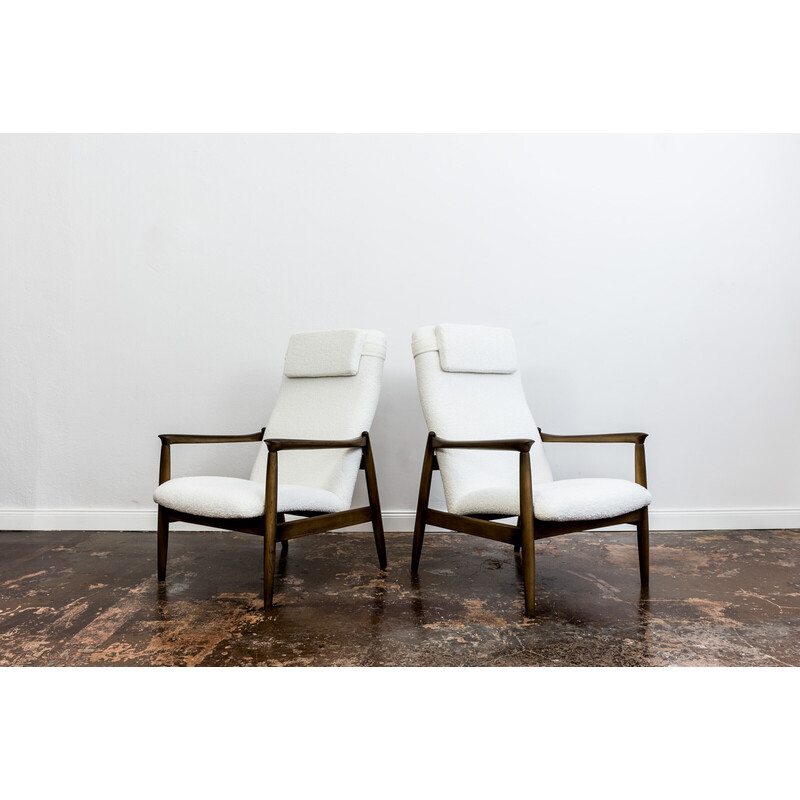 Pair of vintage white boucle Gfm 64 high back armchairs by Edmund Homa, 1960s