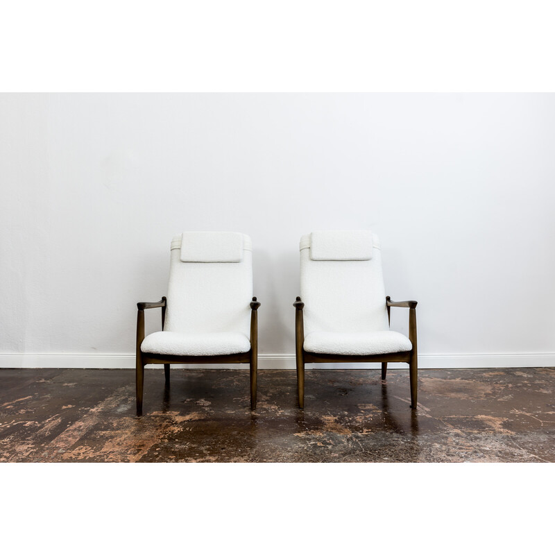 Pair of vintage white boucle Gfm 64 high back armchairs by Edmund Homa, 1960s